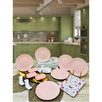 Pembiş Mutfağım Bahar Serisi 15 Parça 6 Kişilik Stoneware Kahvaltı Takımı Pembe