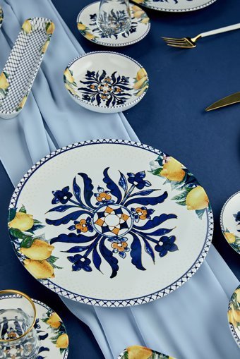 Babion Otantik Yuvarlak Desenli 19 Parça 6 Kişilik Seramik Kahvaltı Takımı Sarı