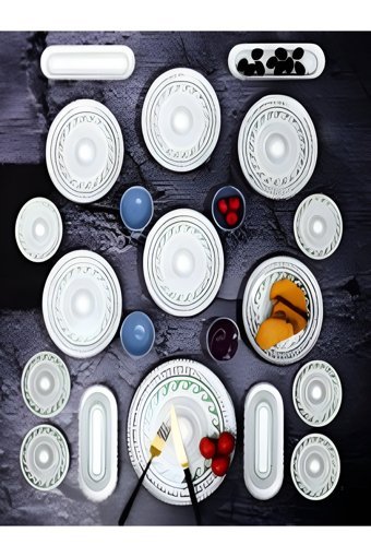 Beauty Home Desenli Yuvarlak Desenli 21 Parça 6 Kişilik Seramik Kahvaltı Takımı Beyaz