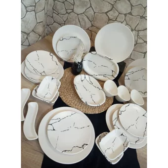 Keramika Mermer Yuvarlak Desenli 23 Parça 6 Kişilik Seramik Kahvaltı Takımı Krem