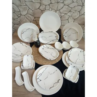 Keramika Mermer Yuvarlak Desenli 23 Parça 6 Kişilik Seramik Kahvaltı Takımı Krem