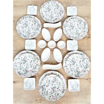 Gulhanile Flowers Yuvarlak Desenli 33 Parça 6 Kişilik Seramik Kahvaltı Takımı Beyaz