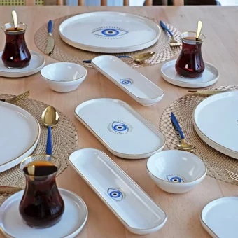 Glore Glance Yuvarlak Desenli 32 Parça 6 Kişilik Seramik Kahvaltı Takımı Altın