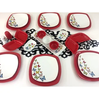 Keramika Dance Of Butterfly Kare Desenli 24 Parça 6 Kişilik Seramik Kahvaltı Takımı Beyaz-Kırmızı