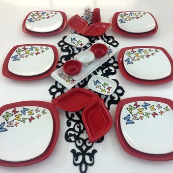 Keramika Dance Of Butterfly Kare Desenli 24 Parça 6 Kişilik Seramik Kahvaltı Takımı Beyaz-Kırmızı