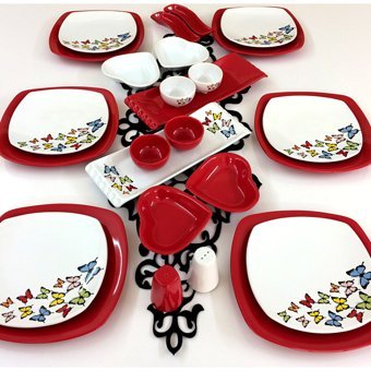 Keramika Dance Of Butterfly Kare Desenli 26 Parça 6 Kişilik Seramik Kahvaltı Takımı Beyaz-Kırmızı