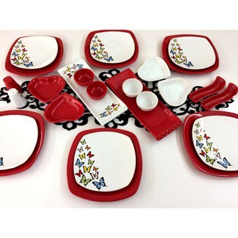 Keramika Dance Of Butterfly Kare Desenli 26 Parça 6 Kişilik Seramik Kahvaltı Takımı Beyaz-Kırmızı