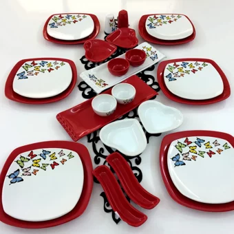 Keramika Dance Of Butterfly Kare Desenli 26 Parça 6 Kişilik Seramik Kahvaltı Takımı Beyaz-Kırmızı
