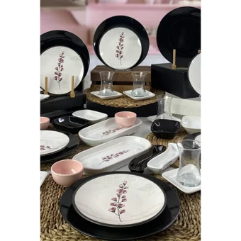 Keramika Sakura Desenli 36 Parça 6 Kişilik Seramik Kahvaltı Takımı Beyaz-Siyah