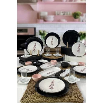 Keramika Sakura Desenli 36 Parça 6 Kişilik Seramik Kahvaltı Takımı Beyaz-Siyah