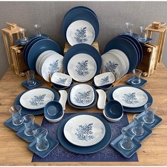 Keramika Blue Magic Desenli 60 Parça 12 Kişilik Seramik Kahvaltı Takımı Beyaz