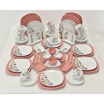 Keramika Kelebek Desenli 64 Parça 12 Kişilik Seramik Kahvaltı Takımı Beyaz-Pembe