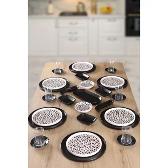 Keramika Black And White Love Yuvarlak Desenli 33 Parça 6 Kişilik Seramik Kahvaltı Takımı Beyaz-Siyah
