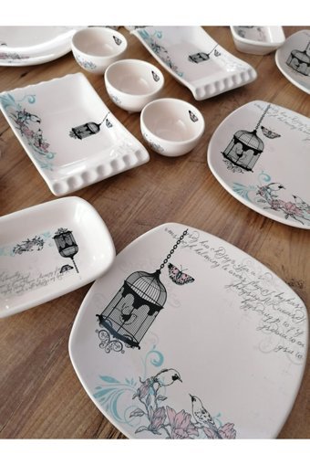 Demet Çeyiz Retro Kare Desenli 17 Parça 6 Kişilik Stoneware Kahvaltı Takımı Beyaz