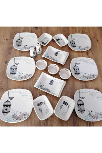 Demet Çeyiz Retro Kare Desenli 17 Parça 6 Kişilik Stoneware Kahvaltı Takımı Beyaz