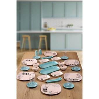 Buket'İn Evi Blue Magic Dikdörtgen Desenli 32 Parça 6 Kişilik Seramik Kahvaltı Takımı Mavi