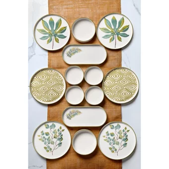 Kitchen Life Stackable Güz Desenli 14 Parça 6 Kişilik Seramik Kahvaltı Takımı Beyaz