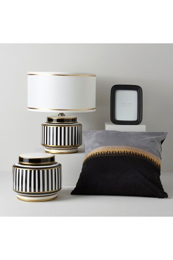 Linens Clara Tekli Porselen Tek Ayak Abajur Siyah - Beyaz - Gold