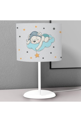İnstababyrooms Ayda Uyuyan Ayı Desenli Tekli Plastik Tek Ayak Abajur Gri