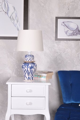 Qdec Bleu Blanc Şah Çiçekli Yaldız Beyaz Tekli Kumaş Tek Ayak Abajur Beyaz
