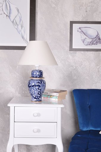 Qdec Bleu Blanc Şah Taramalı Gül K.Beyaz Tekli Kumaş Tek Ayak Abajur Beyaz