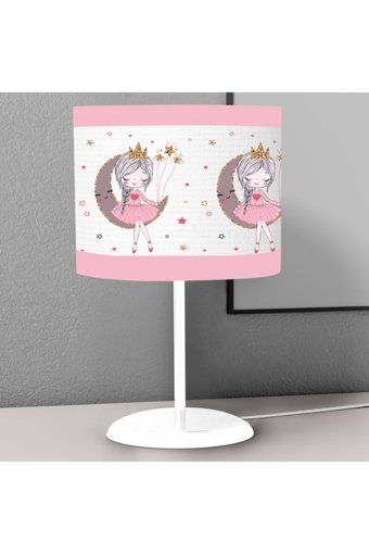 İnstababyrooms Beyaz Elbiseli Kız Ve Ay Desenli Tekli Plastik Tek Ayak Abajur Beyaz - Pembe