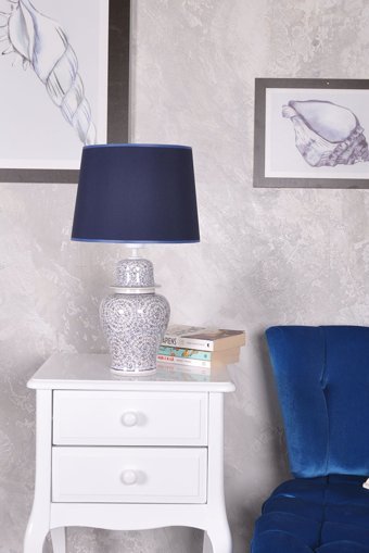 Qdec Bleu Blanc Şah Haliç Mavi Tekli Kumaş Tek Ayak Abajur Mavi