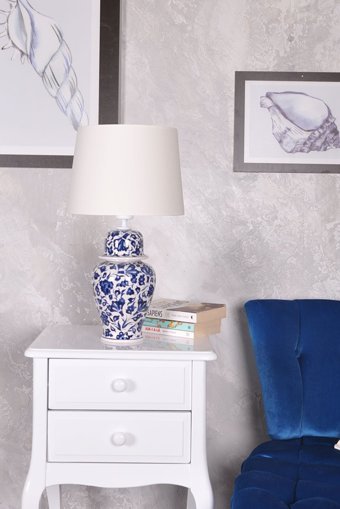Qdec Bleu Blanc Şah Lotus Beyaz Tekli Kumaş Tek Ayak Abajur Beyaz