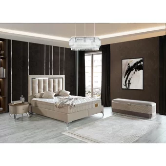 Arleno Bedding Sierra 160 x 200 cm Ayrılabilen Yataklı Başlıklı Çift Kişilik Sandıklı Baza Seti Krem