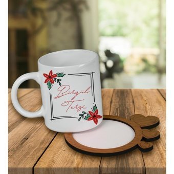 Ejoya Kişiye Özel Tasarım Kupa Bardak ve Kalp Desenli Ahşap Bardak Altlığı 99774 - Beyaz