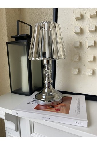 Decovien Kristal Camlı Gümüş Tekli Metal Tek Ayak Abajur Gümüş