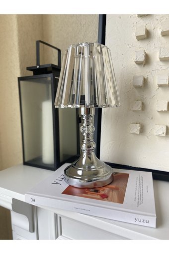 Decovien Kristal Camlı Gümüş Tekli Metal Tek Ayak Abajur Gümüş