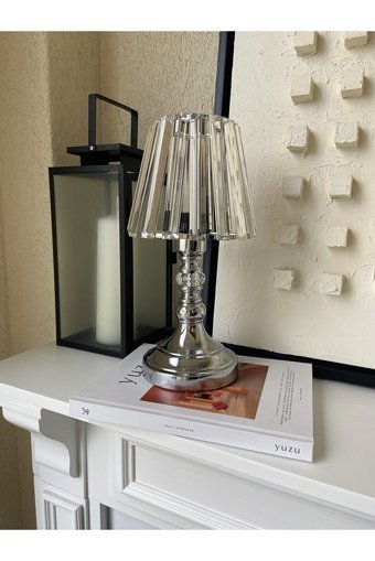 Decovien Kristal Camlı Gümüş Tekli Metal Tek Ayak Abajur Gümüş
