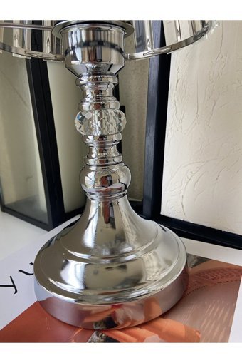 Decovien Kristal Camlı Gümüş Tekli Metal Tek Ayak Abajur Gümüş
