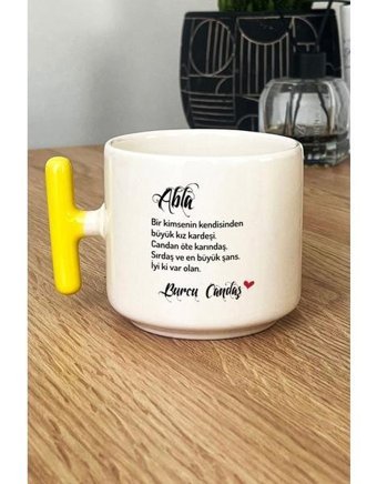 Hedizu Kişiye Özel Ablaya Hediye Kupa Bardak T Kulplu Sarı Ablaya Doğum Günü Hediyesi