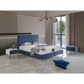Arleno Bedding Kardelen 160 x 200 cm Ayrılabilen Yataklı Başlıklı Çift Kişilik Sandıklı Baza Seti Lacivert