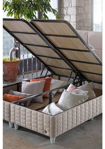 Md Setra 150 x 200 cm Ayrılabilen Yataklı Başlıklı Çift Kişilik Sandıklı Baza Seti Kemik