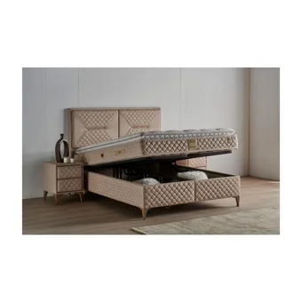 Mobilya Dükkanım Petra 140 x 190 cm Ayrılabilen Yataklı Başlıklı Çift Kişilik Sandıklı Baza Seti Krem