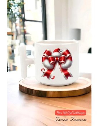 Tanem Yeni Yıl Yılbaşı Noel Tasarımlı T Kulp Seramik Kupa - Beyaz