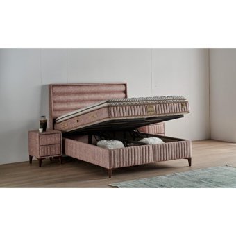 Mobilya Dükkanım Arobel 140 x 190 cm Ayrılabilen Yataklı Başlıklı Çift Kişilik Sandıklı Baza Seti Pudra