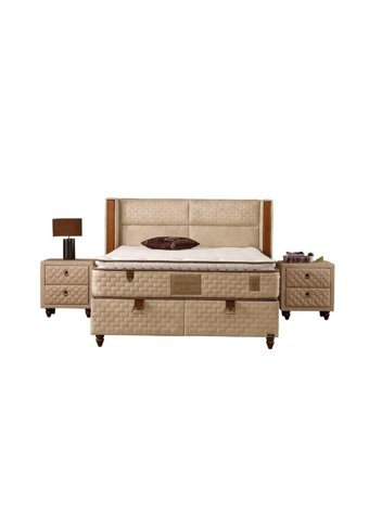 Mobilya Dükkanım Bera 150 x 200 cm Yataklı Başlıklı Çift Kişilik Sandıklı Baza Seti Krem