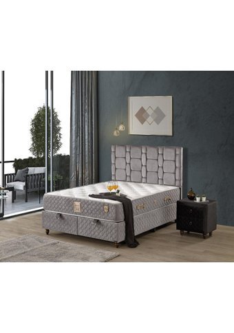 Stone 180 x 200 cm Ayrılabilen Yataklı Başlıklı Çift Kişilik Sandıklı Baza Seti Gri
