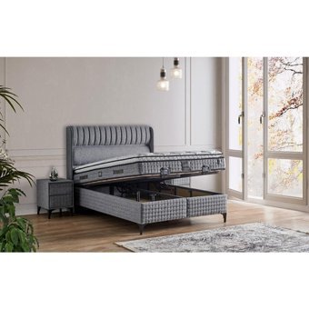 Mobilya Dükkanım Victoria 150 x 200 cm Ayrılabilen Yataklı Başlıklı Çift Kişilik Sandıklı Baza Seti Gri