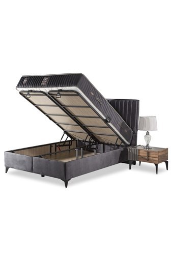 Ekolev Perge 180 x 200 cm Yataklı Başlıklı Çift Kişilik Sandıklı Baza Seti Siyah