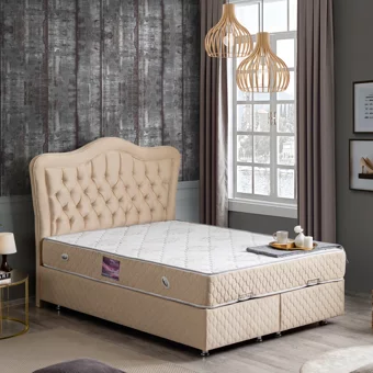 Setay Camelli 160 x 200 cm Ayrılabilen Başlıklı Çift Kişilik Sandıklı Baza Seti Bej
