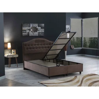 İpek Mobilya Nima 140 x 190 cm Başlıklı Çift Kişilik Sandıklı Baza Seti Sütlü Kahve