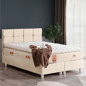 Cesur Gümüş 150 x 200 cm Ayrılabilen Yataklı Başlıklı Çift Kişilik Sandıklı Baza Seti Krem