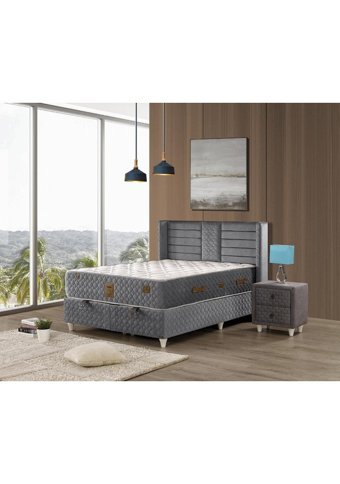 Mobilya Dükkanım Yaren 160 x 200 cm Yataklı Başlıklı Çift Kişilik Sandıklı Baza Seti Gri