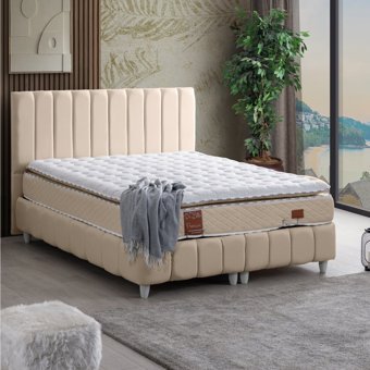 Cesur Narva 140 x 190 cm Ayrılabilen Yataklı Başlıklı Çift Kişilik Sandıklı Baza Seti Krem