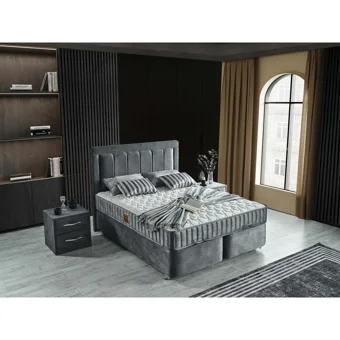 Arleno Bedding Nilüfer 160 x 200 cm Ayrılabilen Yataklı Başlıklı Çift Kişilik Sandıklı Baza Seti Gri